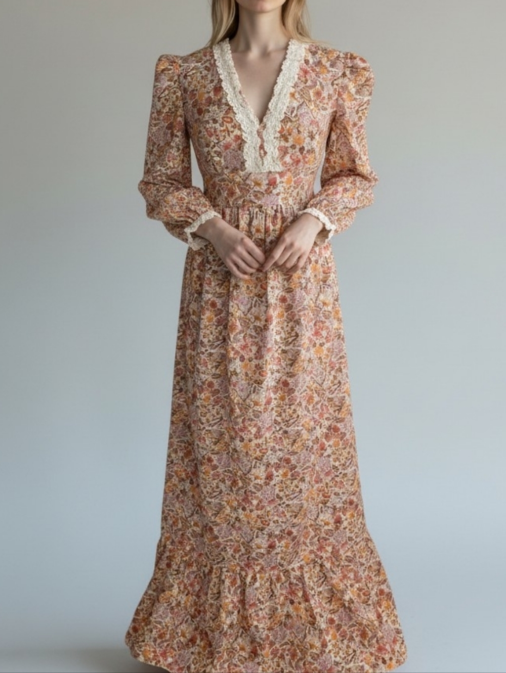 Vintage 70s Cottagecore Floral Lace-Trim Bell Sleeve Maxi
Dress sz S Women's
